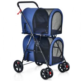 Double Pet Stroller 4-in-1 With Detachable Carrier And Travel Carriage (Color: Navy, type: Pets)